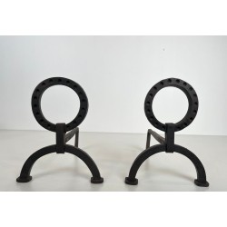 Pair of Modernist Wrought Iron Andirons with Ring Finials in the Style of Jacques Adnet