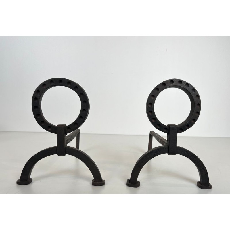 Pair of Modernist Wrought Iron Andirons with Ring Finials in the Style of Jacques Adnet