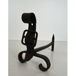 Pair of Modernist Cast Iron and Wrought Iron Belt-Buckle Andirons