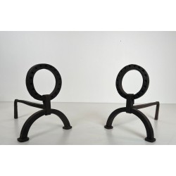 Pair of Modernist Wrought Iron Andirons with Ring Finials in the Style of Jacques Adnet