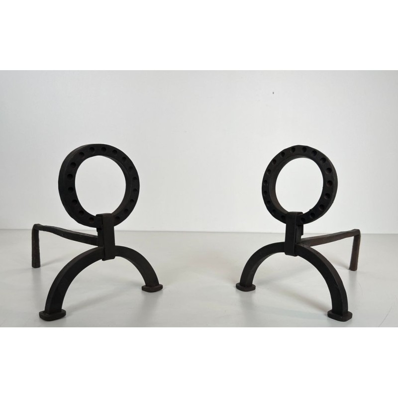 Pair of Modernist Wrought Iron Andirons with Ring Finials in the Style of Jacques Adnet