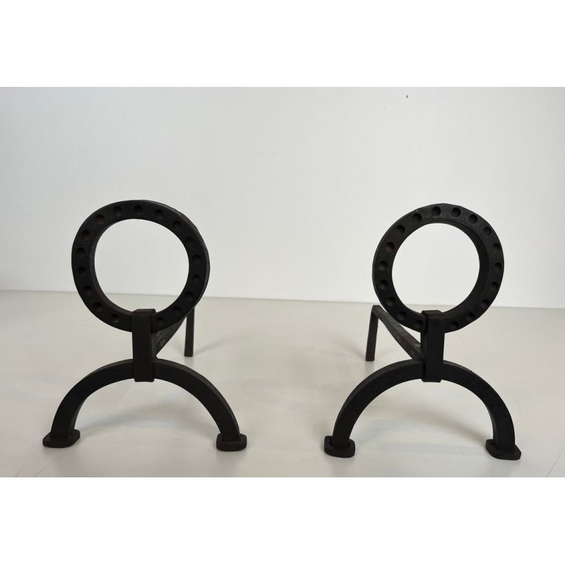 Pair of Modernist Wrought Iron Andirons with Ring Finials in the Style of Jacques Adnet