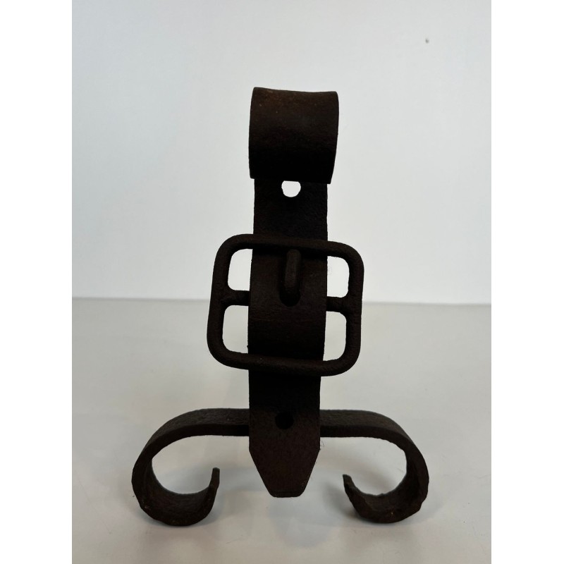 Pair of Modernist Cast Iron and Wrought Iron Belt-Buckle Andirons