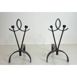 Paire de Chenets Modernistes en Fer Forgé à Boucle et Branches à Boules
