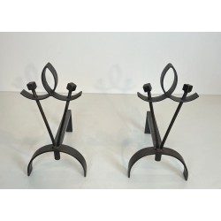 Pair of Modernist Wrought Iron Andirons with Loop Finial and Knob-Branch Uprights