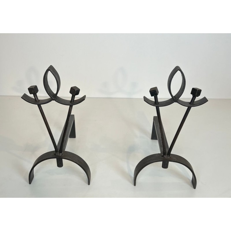 Pair of Modernist Wrought Iron Andirons with Loop Finial and Knob-Branch Uprights