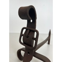 Pair of Modernist Cast Iron and Wrought Iron Belt-Buckle Andirons