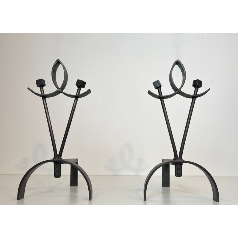 Pair of Modernist Wrought Iron Andirons with Loop Finial and Knob-Branch Uprights