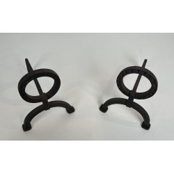 Pair of Modernist Wrought Iron Andirons with Ring Finials in the Style of Jacques Adnet