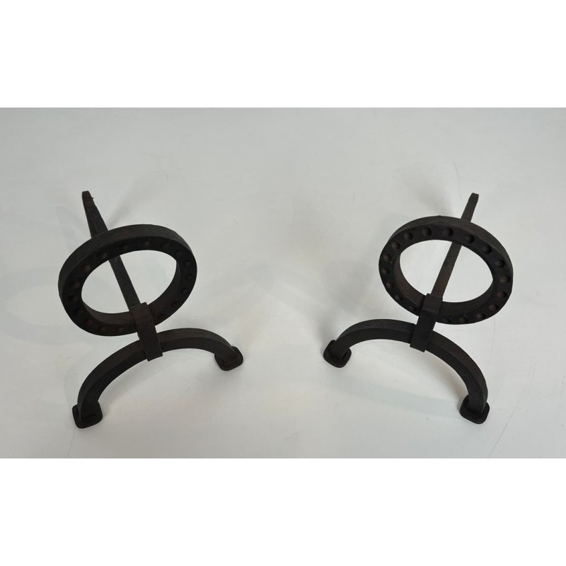 Pair of Modernist Wrought Iron Andirons with Ring Finials in the Style of Jacques Adnet