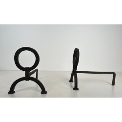 Pair of Modernist Wrought Iron Andirons with Ring Finials in the Style of Jacques Adnet