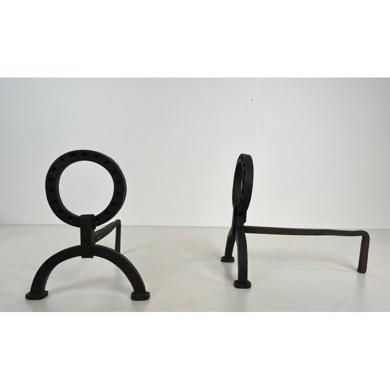 Pair of Modernist Wrought Iron Andirons with Ring Finials in the Style of Jacques Adnet