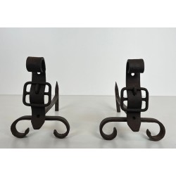 Paire de Chenets Modernistes en Fonte et Fer Forgé à Motif de Boucle de Ceinture