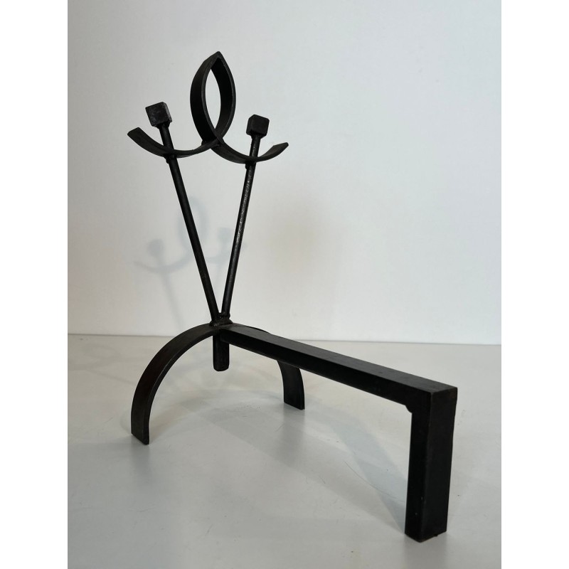Paire de Chenets Modernistes en Fer Forgé à Boucle et Branches à Boules