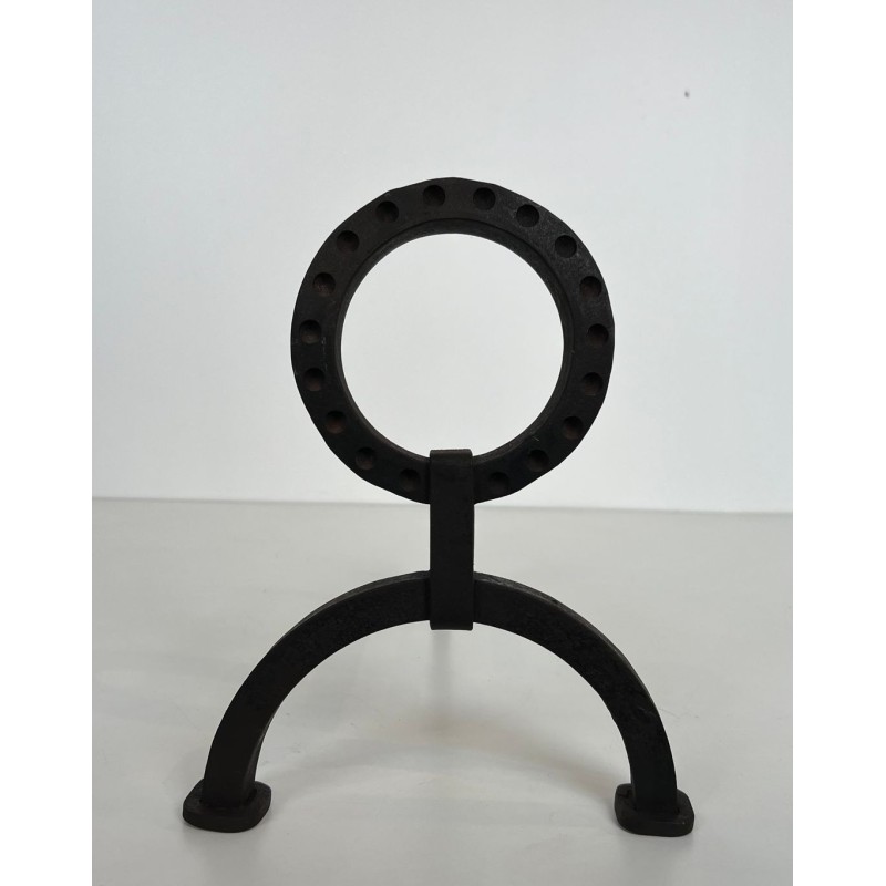 Pair of Modernist Wrought Iron Andirons with Ring Finials in the Style of Jacques Adnet