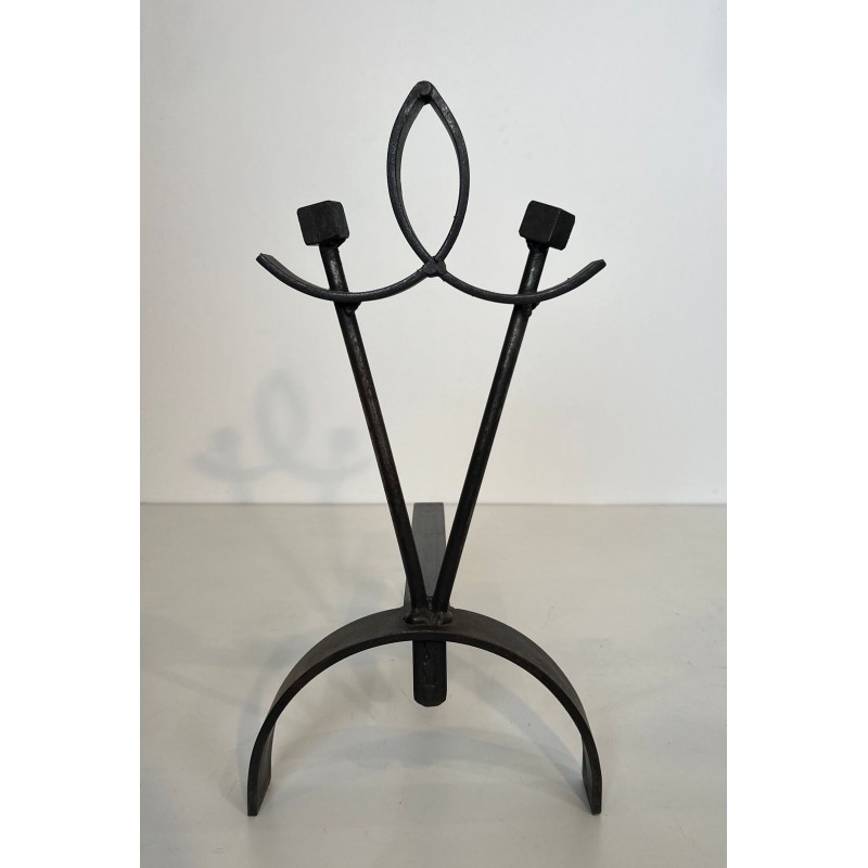 Pair of Modernist Wrought Iron Andirons with Loop Finial and Knob-Branch Uprights