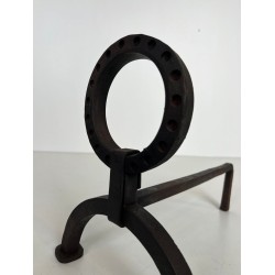 Paire de Chenets Modernistes en Fer Forgé à Anneaux dans le Goût de Jacques Adnet