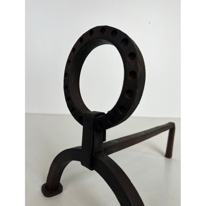 Pair of Modernist Wrought Iron Andirons with Ring Finials in the Style of Jacques Adnet