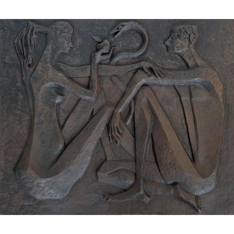 Plaque de Cheminée en Fonte Moderniste, Adam et Ève, Signée et Éditée par Stern