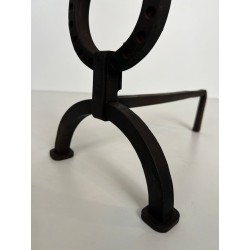 Pair of Modernist Wrought Iron Andirons with Ring Finials in the Style of Jacques Adnet
