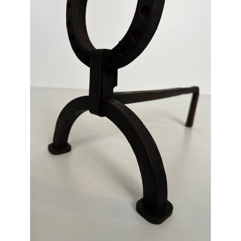 Pair of Modernist Wrought Iron Andirons with Ring Finials in the Style of Jacques Adnet