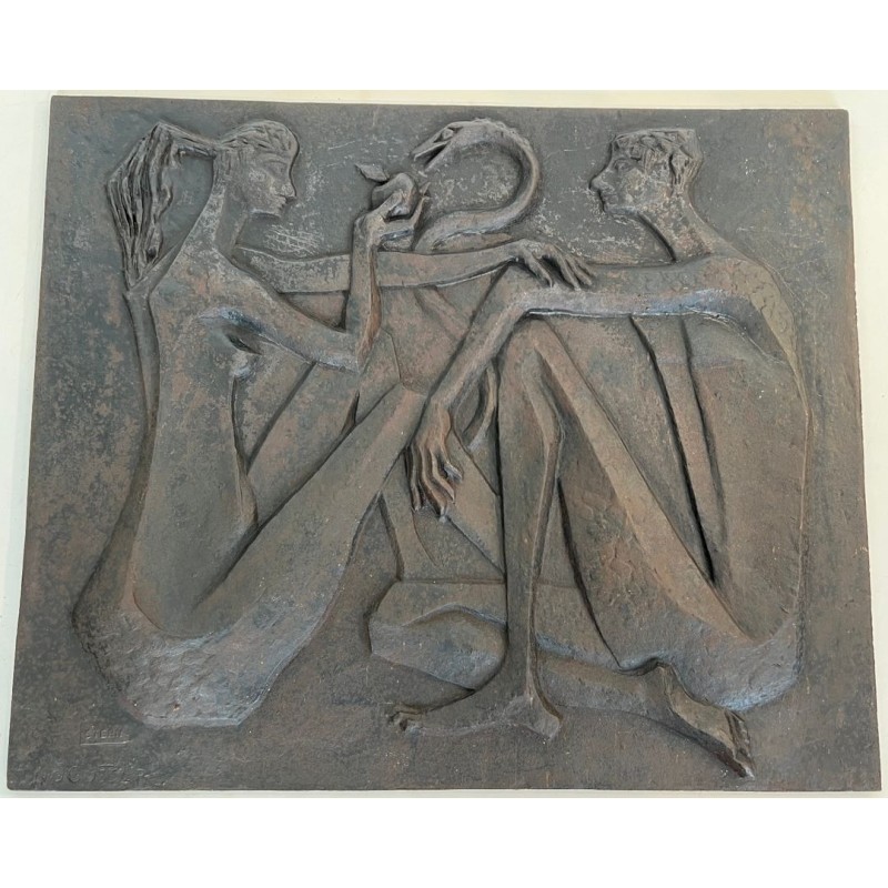 Plaque de Cheminée en Fonte Moderniste, Adam et Ève, Signée et Éditée par Stern
