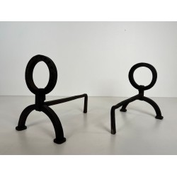 Pair of Modernist Wrought Iron Andirons with Ring Finials in the Style of Jacques Adnet