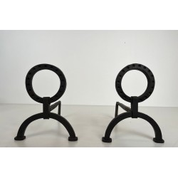 Pair of Modernist Wrought Iron Andirons with Ring Finials in the Style of Jacques Adnet