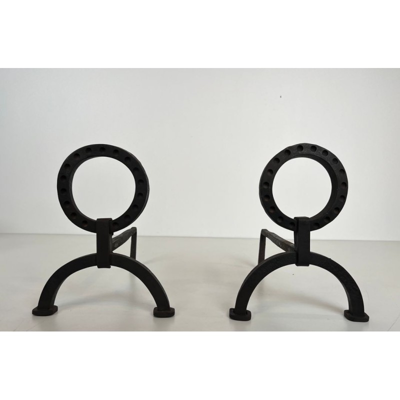 Pair of Modernist Wrought Iron Andirons with Ring Finials in the Style of Jacques Adnet