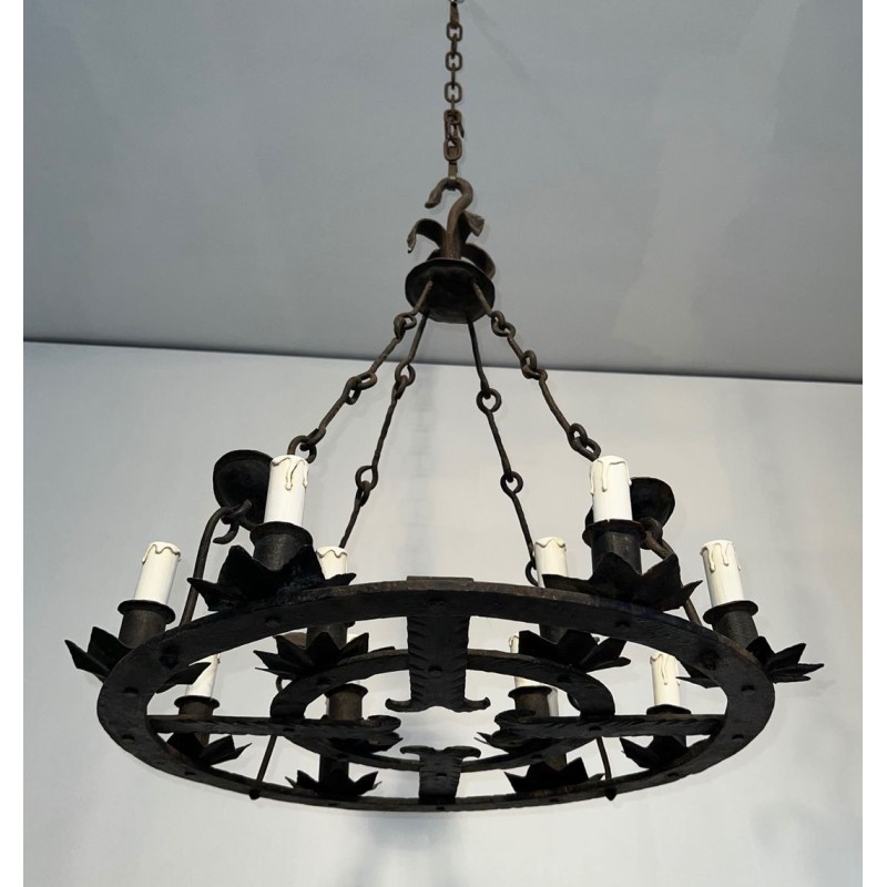 Important Gothic Style Wrought Iron Twelve-Light Chandelier