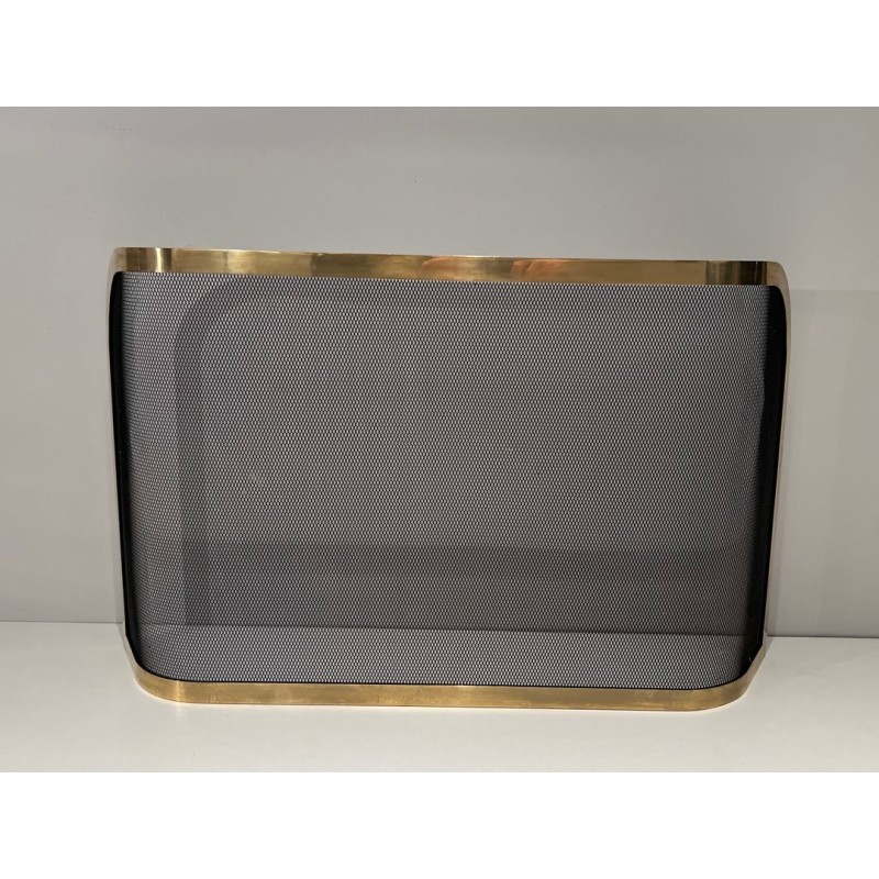 Curved Brass and Wire Mesh Fireplace Screen (French Work, Circa 1970)