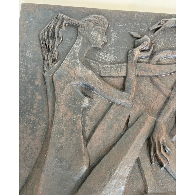 Modernist Cast Iron Fireback, Adam and Eve Scene, Signed and Edited by Stern