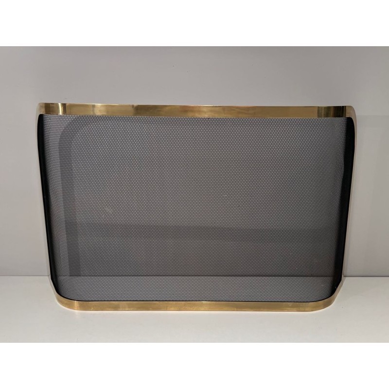 Curved Brass and Wire Mesh Fireplace Screen (French Work, Circa 1970)