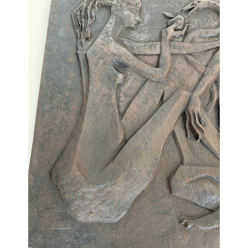 Plaque de Cheminée en Fonte Moderniste, Adam et Ève, Signée et Éditée par Stern
