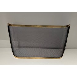Curved Brass and Wire Mesh Fireplace Screen (French Work, Circa 1970)