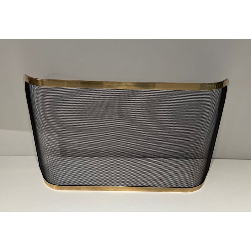 Curved Brass and Wire Mesh Fireplace Screen (French Work, Circa 1970)