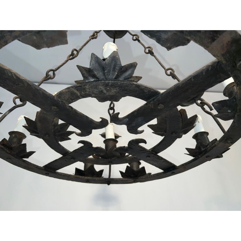 Important Gothic Style Wrought Iron Twelve-Light Chandelier