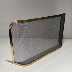Curved Brass and Wire Mesh Fireplace Screen (French Work, Circa 1970)