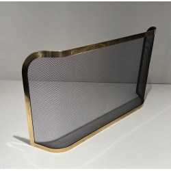 Curved Brass and Wire Mesh Fireplace Screen (French Work, Circa 1970)