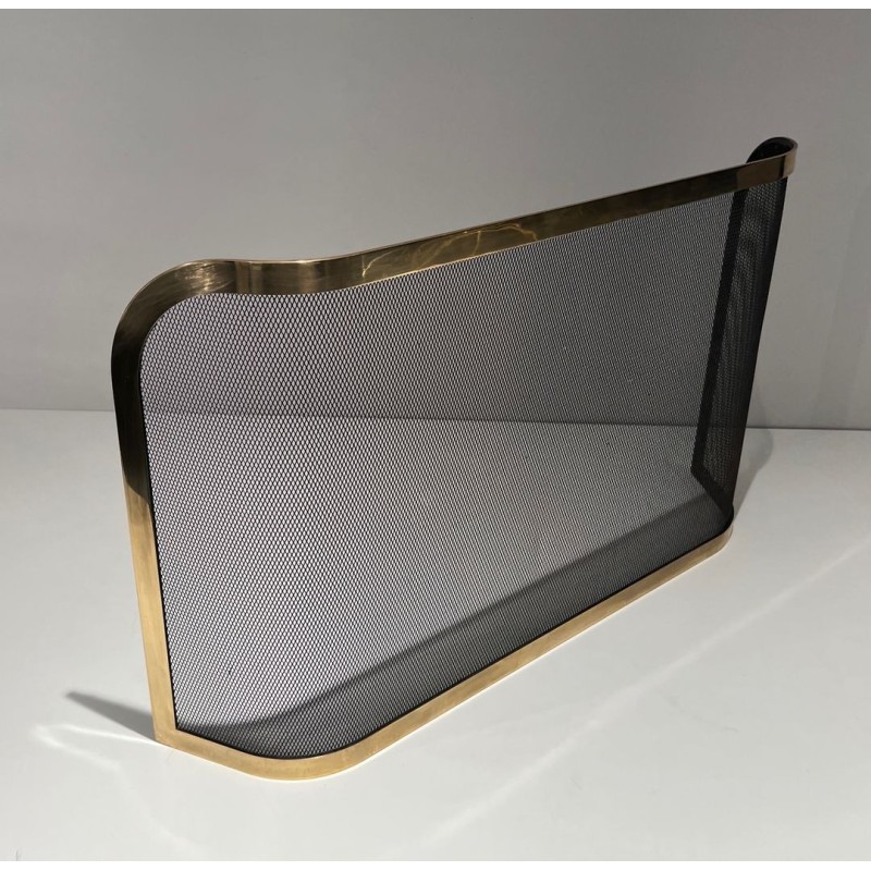 Curved Brass and Wire Mesh Fireplace Screen (French Work, Circa 1970)