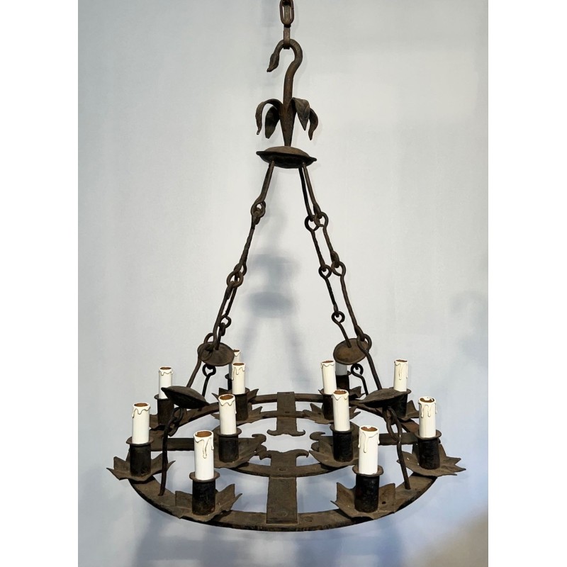 Important Gothic Style Wrought Iron Twelve-Light Chandelier