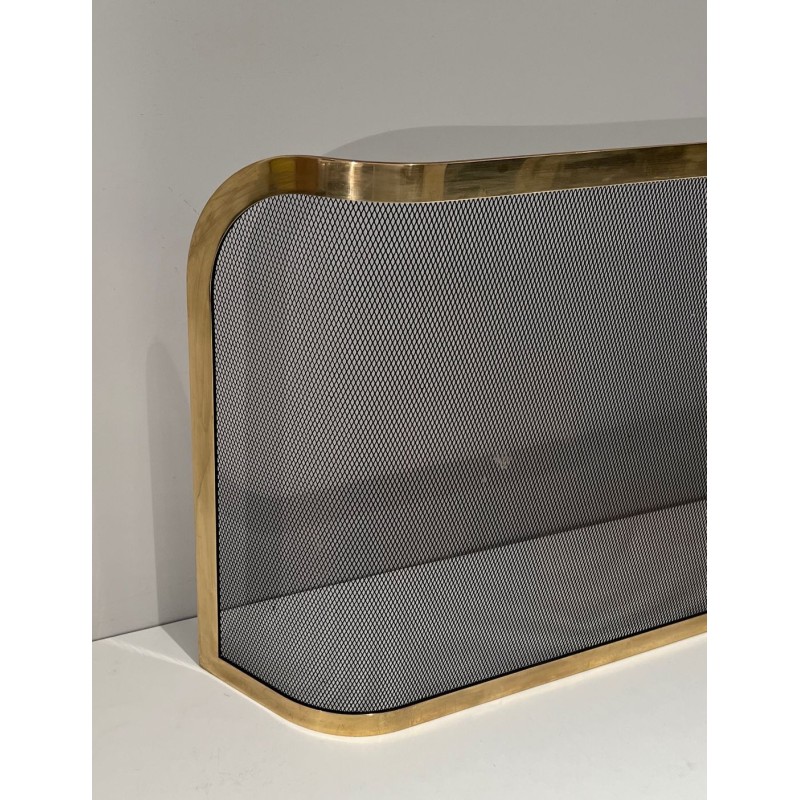 Curved Brass and Wire Mesh Fireplace Screen (French Work, Circa 1970)