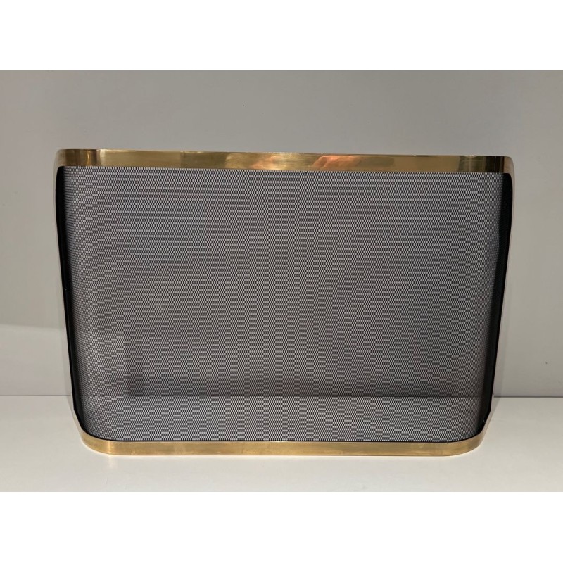 Curved Brass and Wire Mesh Fireplace Screen (French Work, Circa 1970)