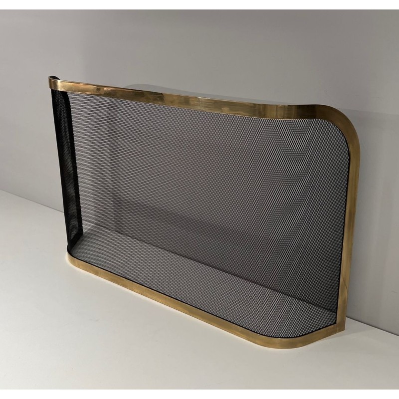 Curved Brass and Wire Mesh Fireplace Screen (French Work, Circa 1970)