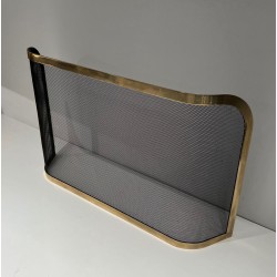 Curved Brass and Wire Mesh Fireplace Screen (French Work, Circa 1970)