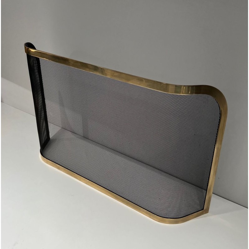 Curved Brass and Wire Mesh Fireplace Screen (French Work, Circa 1970)