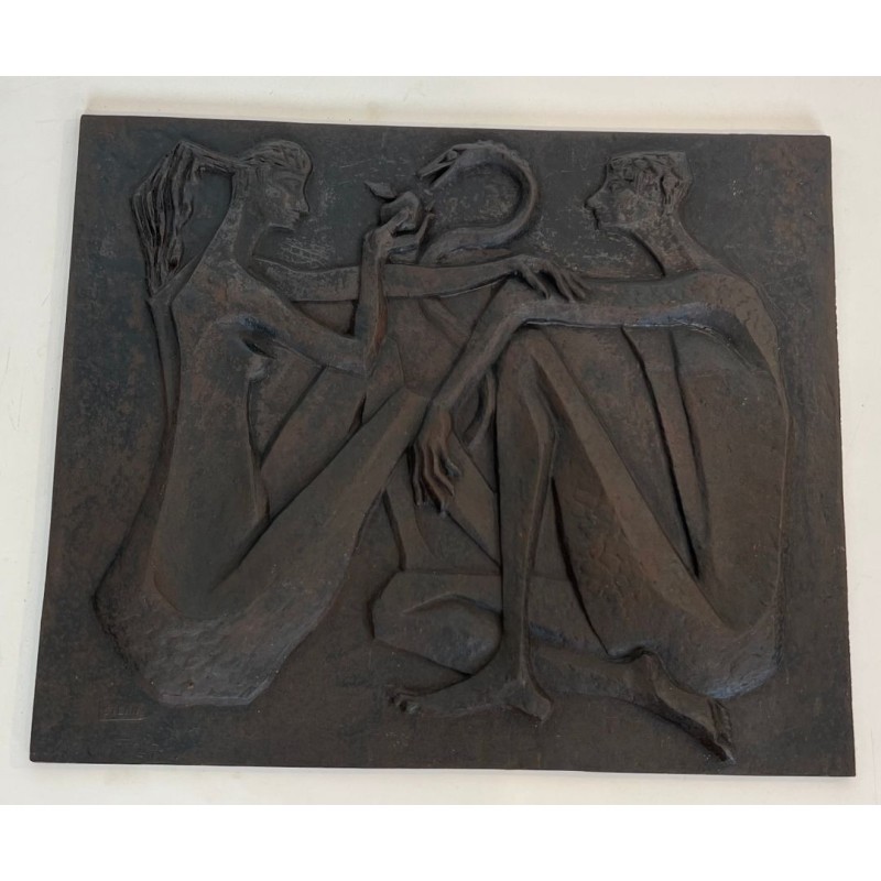 Modernist Cast Iron Fireback, Adam and Eve Scene, Signed and Edited by Stern