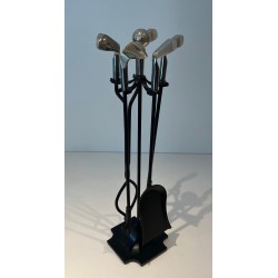 Design Golf-Themed Fireplace Companion Set in Black Lacquered Metal with Chrome Golf Club Motifs