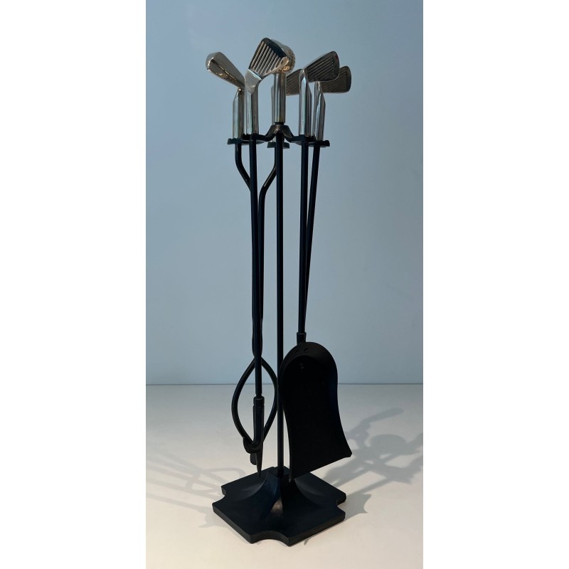 Design Golf-Themed Fireplace Companion Set in Black Lacquered Metal with Chrome Golf Club Motifs