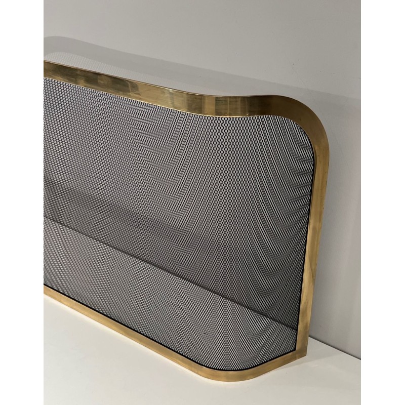 Curved Brass and Wire Mesh Fireplace Screen (French Work, Circa 1970)